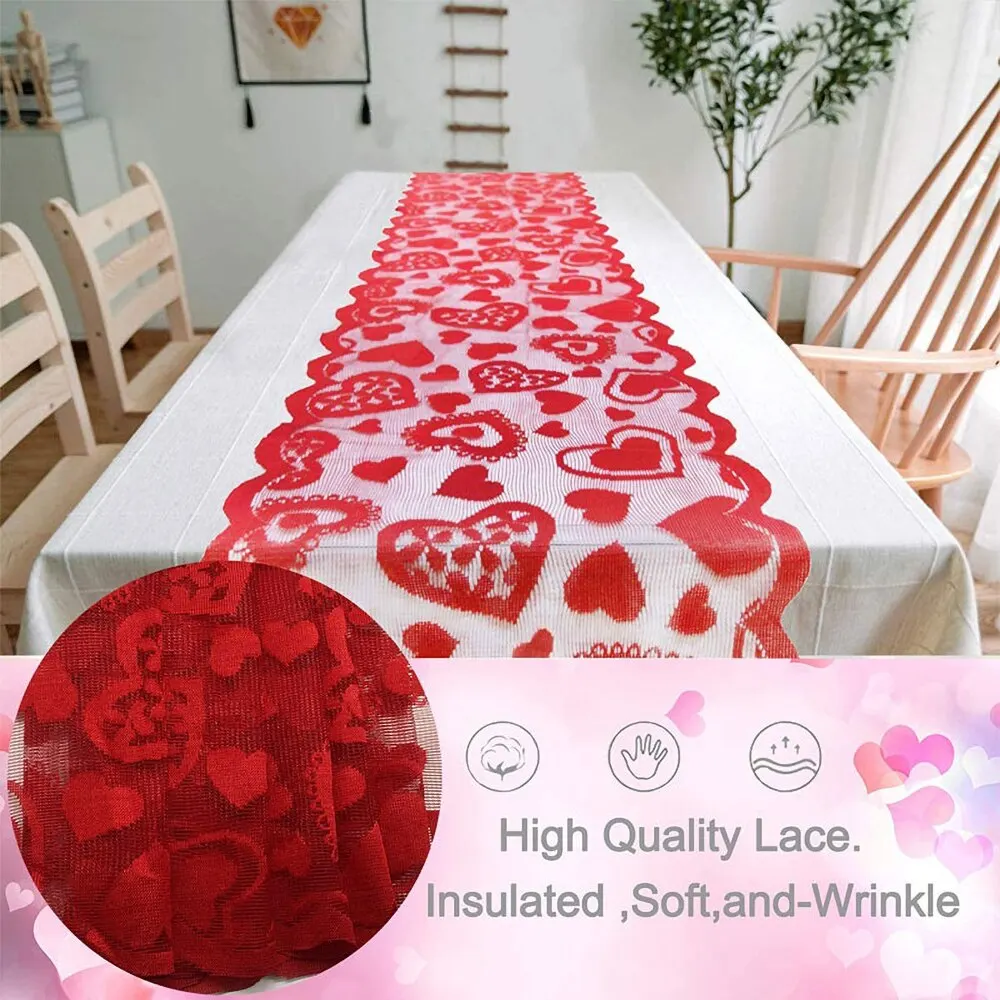 1PC Valentines Day Decor Home Romantic Decorations Heart Shaped Table Runner,Red Lace Table Runner For Wedding Party