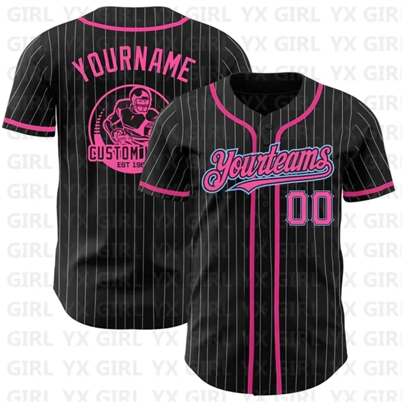 Custom Black White Pinstripe Pink-Light Blue Authentic Baseball Jersey 3D Printed Men Women Shirt Casual Shirts Sport Tops