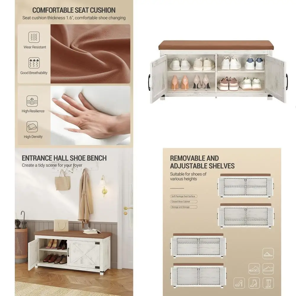 

2-Tier Padded Shoe Storage Bench with Barn Doors, Adjustable Shelves, Ideal for Entryway, Living Room, or Bedroom in Antique Whi