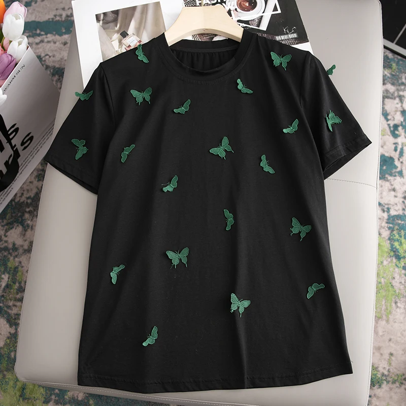 

Handmade Embroidery Top Bla ort Sve T-irt Faionable And Photogenic European Sle Cotton round Ne T-irt
