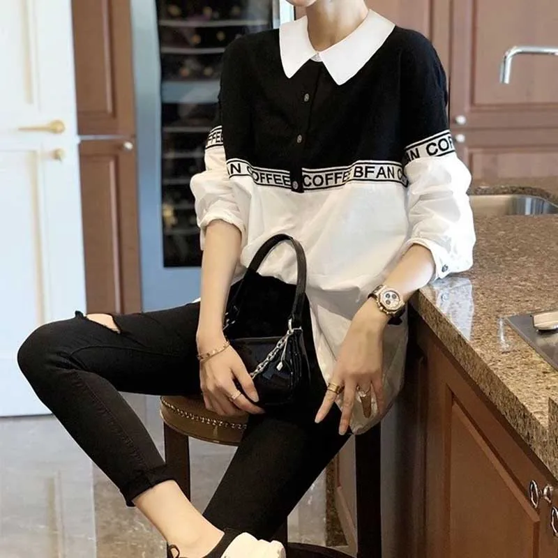 Fashion Lapel Spliced Letter Loose Casual Blouses Women Clothing 2024 Spring New Oversized All-match Tops Korean Shirts