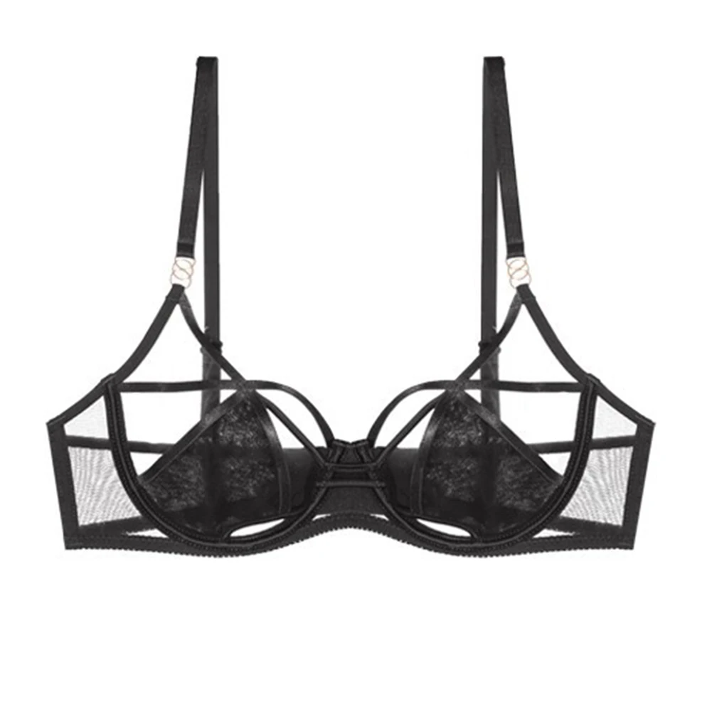 Sexy Ladies Black Strappy Cutout Mesh Bra Underwire Support Unlined Transparent Cups Adjustable Thin Straps Intimate Lingerie