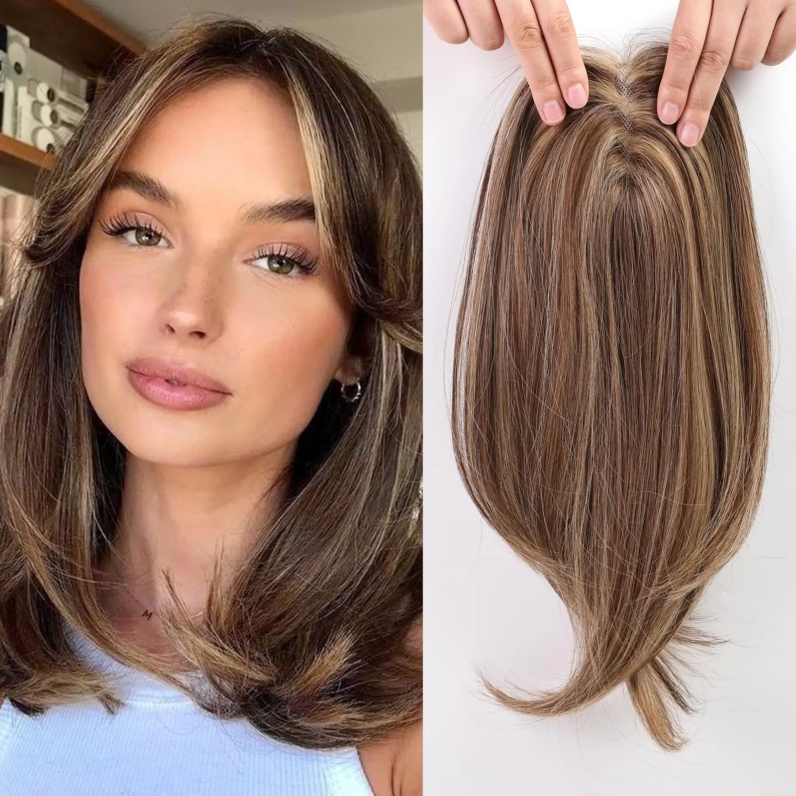 Women's Human Hair Topper With Lace Middle Part & Bangs | 9x14cm 14-18inch Bleached Knots For Realism