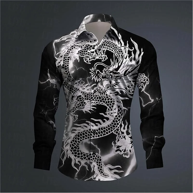 Hawajska męska koszulka z nadrukiem 3D Dragon Print zwijana koszula zapinana na guziki Outdoor Street odzież z długim rękawem moda na co dzień w stylu plażowym