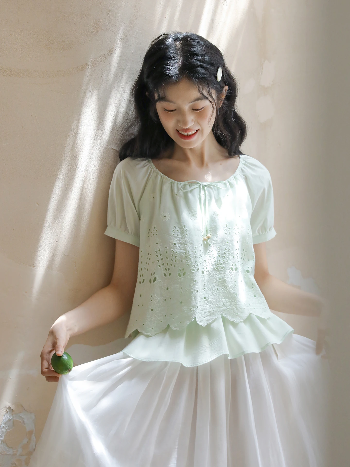 

Женская хлопковая рубашка Nesoulum с вышивкой цветочным узором, коротким рукавом, двухслойным дизайном, летний винтажный топ, круглый вырез, цвет зеленый.