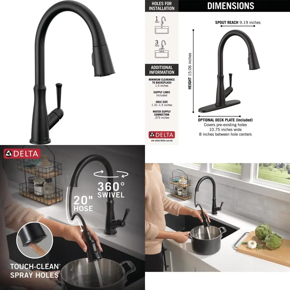 Nowoczesna bateria kuchenna z pojedynczym otworem, wyciąganą wylewką i matowym czarnym wykończeniem.