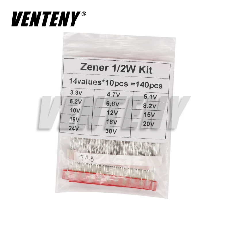 140pcs 1/2W Zener Diode Assorted Kit DO-35 0.5W 3.3V-30V 14Values Each 10pcs DIY Sample Set