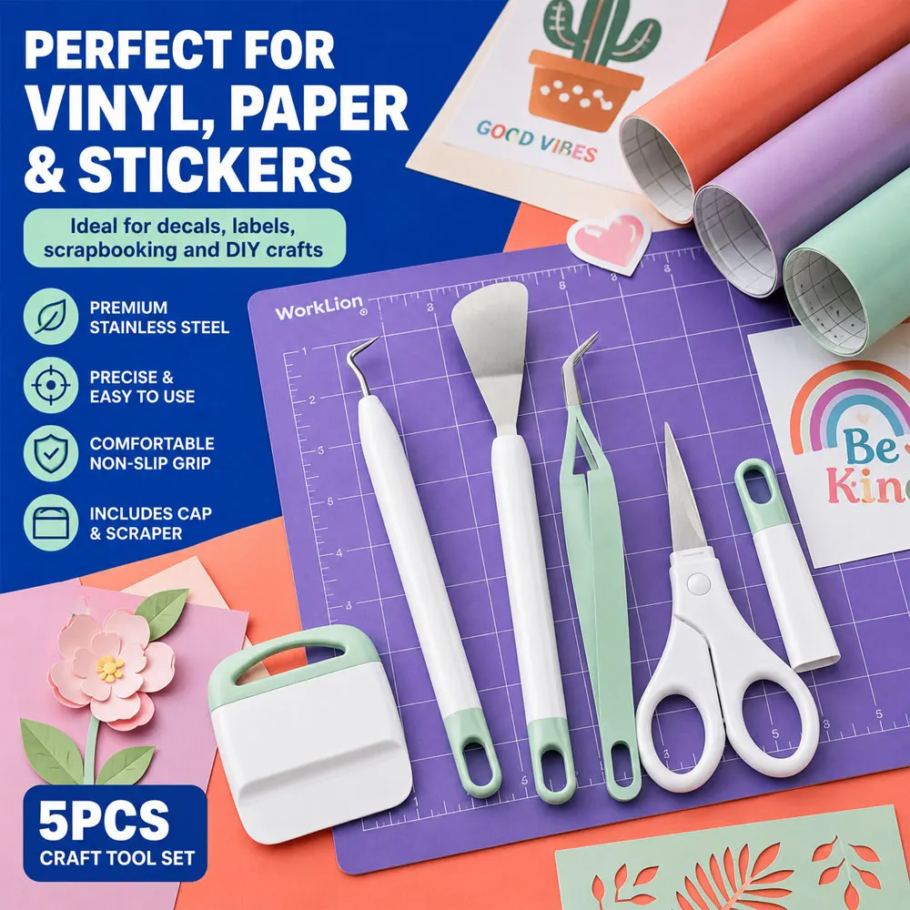 5-Piece Vinyl Weeding Tool Set with Tweezers, Spatula, Scraper and Scissors for Sticker Making, Paper Cutting and Scrapbooking