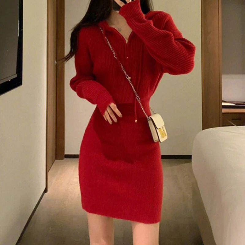 Autumn and Winter Female Festival Red Hooded Knitted Dress Long Sleeved Casual Zipper Christmas Women\'s Mini Sheath Dresses