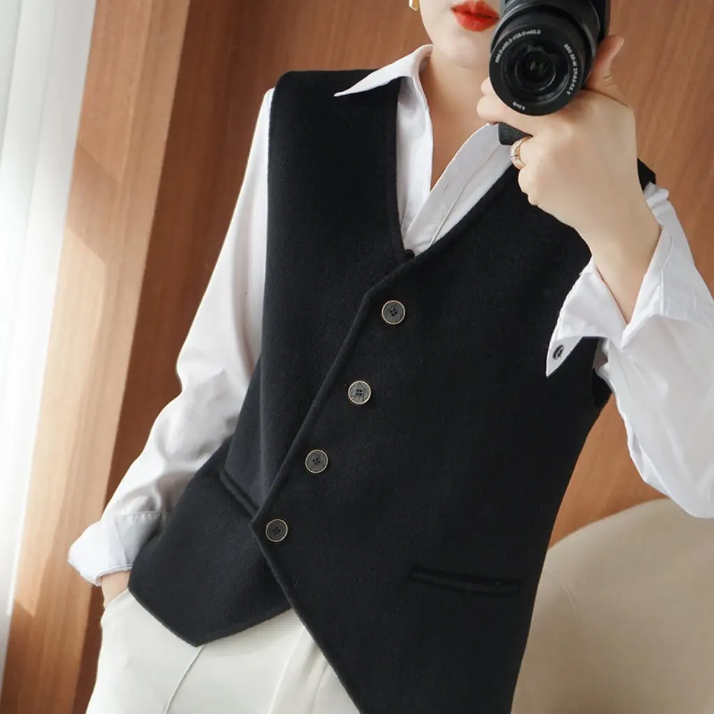 

Женский двусторонний твидовый жилет, весенне-осенний жилет без рукавов, шерстяной кардиган, пиджак