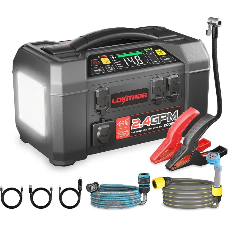 AW401 2500A 12V Jump Starter for Up to 8.5L Gas or 6.5L Diesel, 1.5MPA Outdoor Camping Shower with Multi-use Sprayer