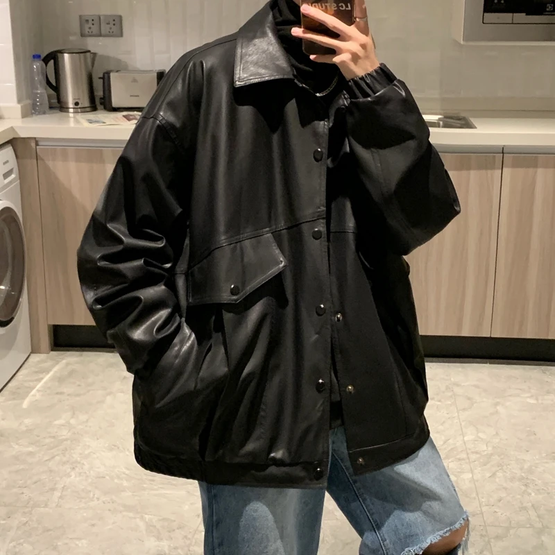 

Winter Black Leather Jacket Thin Loose Moto Jacket Nice Spring Fashion Streetwear Man Outerwear Biker Coats