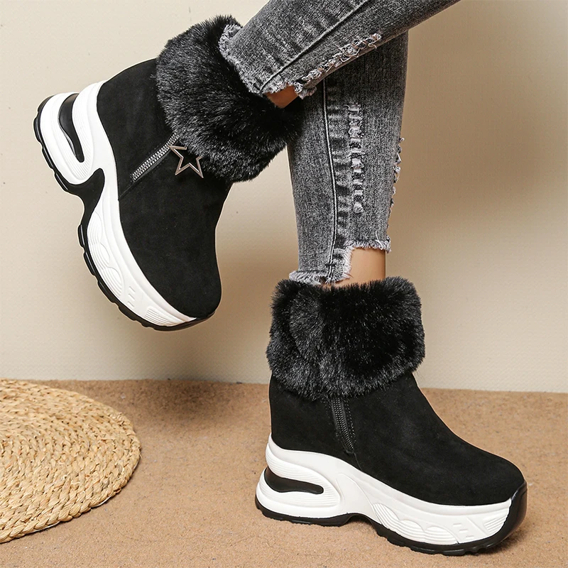 Fashion Metal Star Snow Boots Women Chunky Platform Black Fluffy Boots Woman Winter 2025 Zip High Heel Plush Warm Booties Female