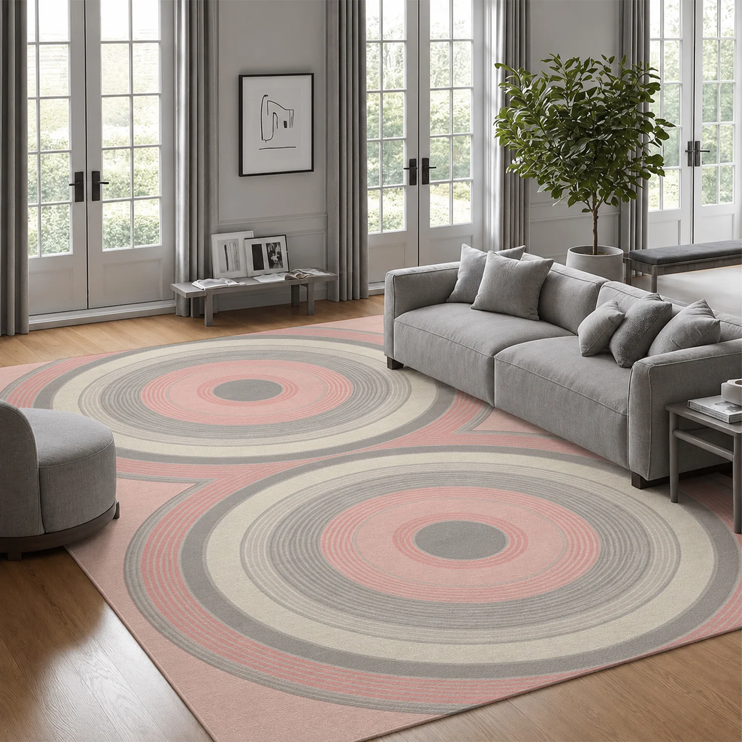 Blush Pink Gray Cream Double Concentric Circles Area Rug, Soft Plush Velvet, Machine Washable, Suitable for Living Room, Bedroom, Dining Area, Home Office, Ideal Decor for Halloween, Thanksgiving, Christmas, New Year, Black Friday, Cyber Monday