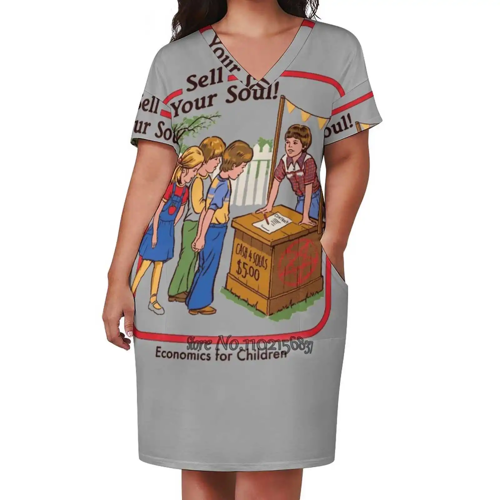 

Sell Your Soul Sexy V-Neck Dress Fashion Casual Printed High Quality Short Sleeve Skirt 5Xl Vintage Retro Humor Black Magic