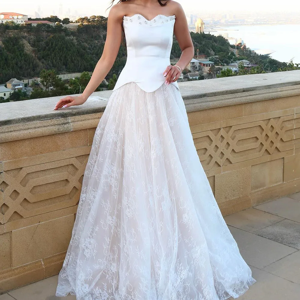 

Customized A-line Evening Dresses Floor-length Strapless Sleeveless Prom Gown Fashion Crystal Lace Draped Backless Party Gown
