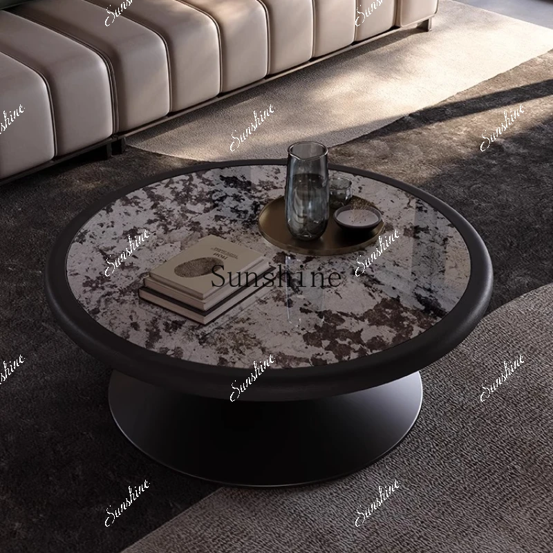 Solid wood inlaid natural luxury stone coffee table round living room home Italian minimalist high-end sense FT