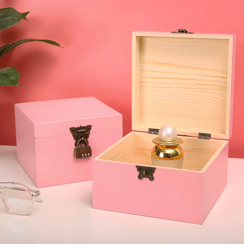 Caja de madera para almacenamiento de joyas con cerradura, caja de escritorio con contraseña rosa, pequeña, caja secreta