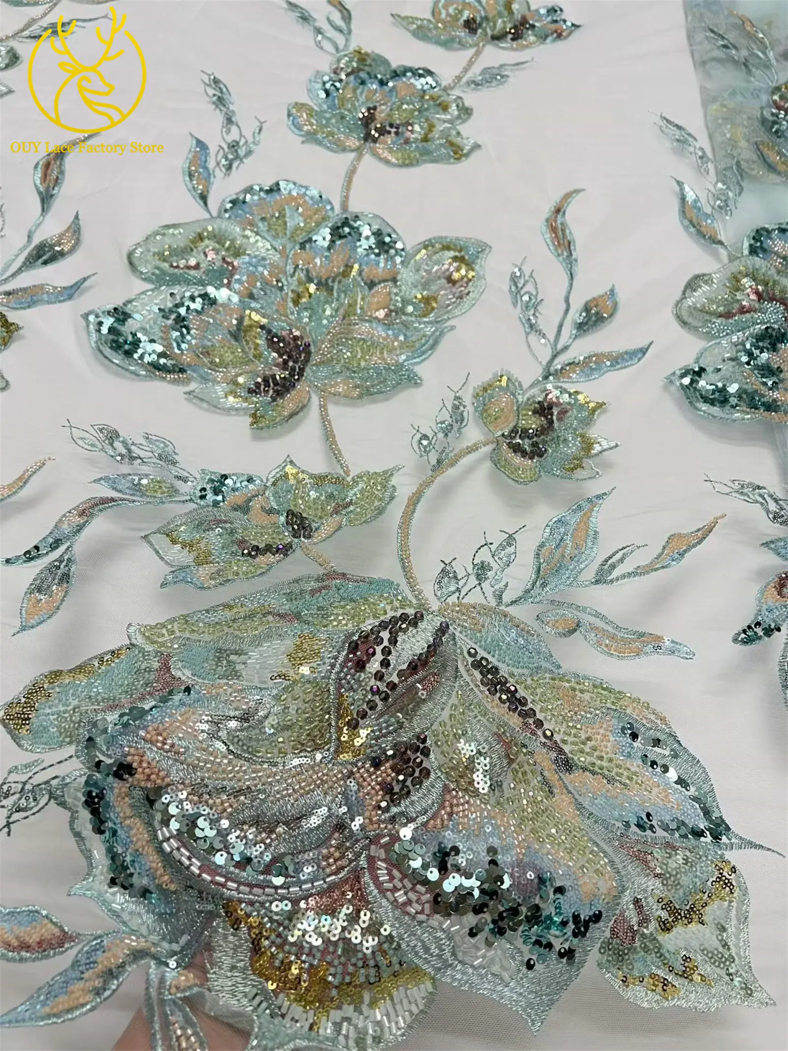 Luxuriöser afrikanischer Brautkleidstoff mit Stickerei, großen Blumen und Perlen, 5 Yards, hochwertiger französischer Pailletten-Spitzenstoff zum Nähen von Kleidern – Detail 14