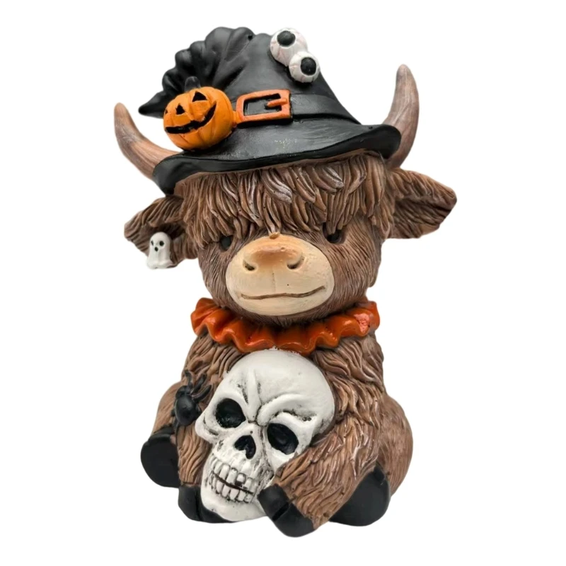 High Land Cow Holding Skull Pumpkin Resins Statue Halloween Home Table Decoration C7AC