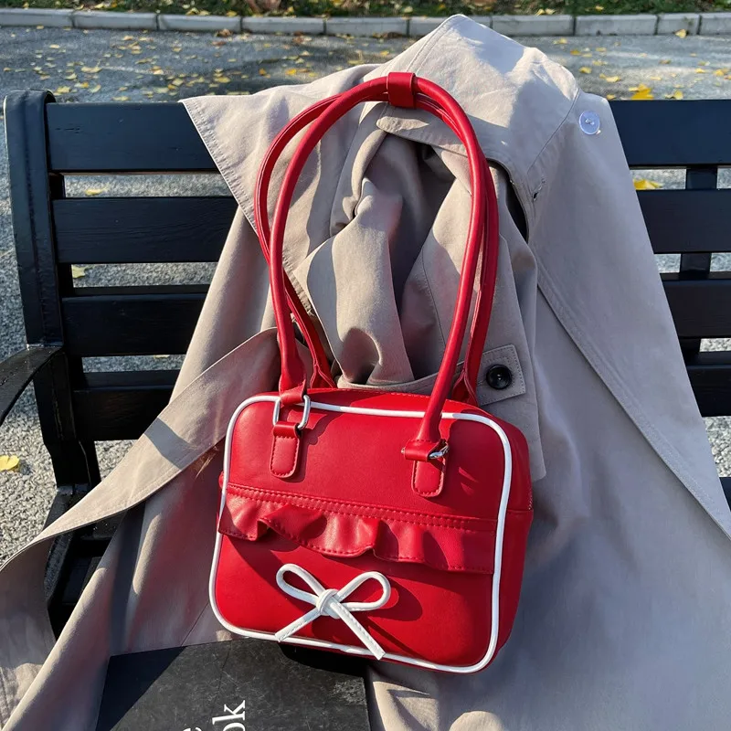 

JIAERDI High Street Bow Red Shoulder Bags Women 2025 New Versatile Pu Leather Y2k Handbag Female Square Underarm Bag Aesthetic