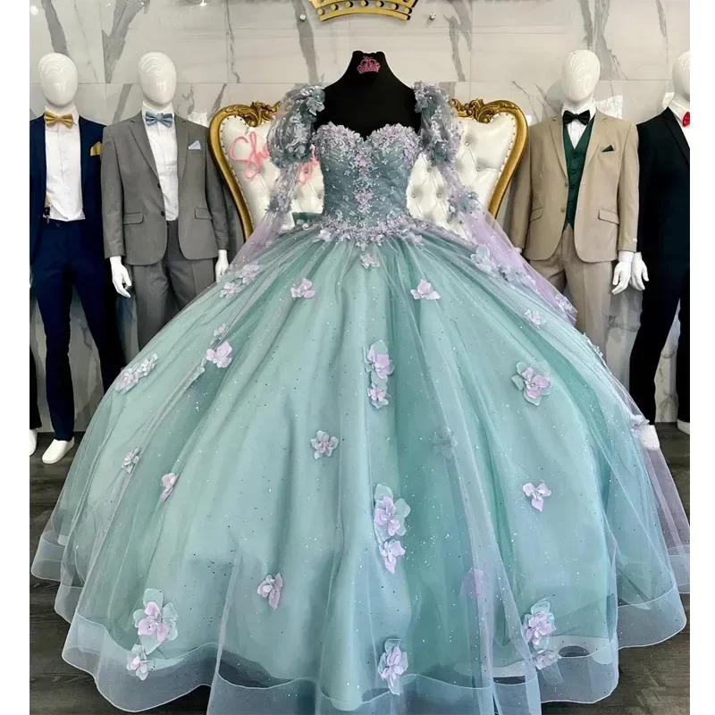 Light  Green Quinceanera Princess Dresses 3D Flowers Beads Applique Long Sleeved Lace up Corset Sweet Dress Customized Women