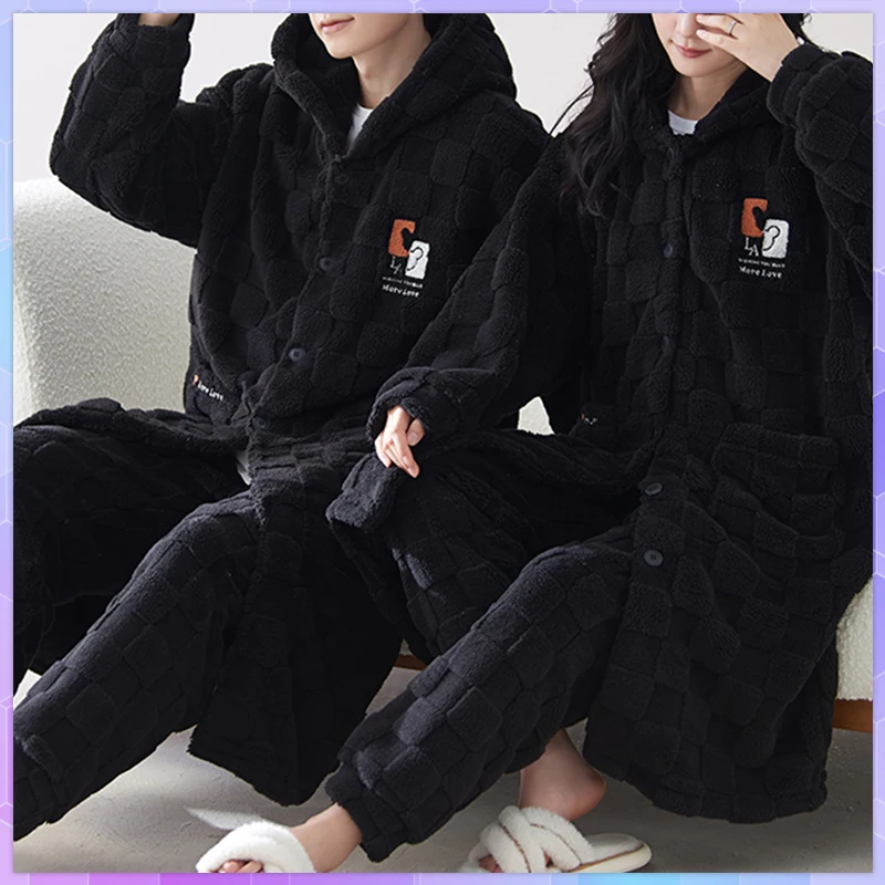 

Coral Fleece Winter Sleepwear Kimono Pajamas For Men's Thick Warm Bathrobe Set Plaid Hooded Home Suits Loose Pyjama Homewear