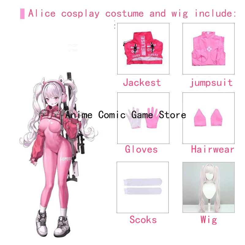 Intérieur ke Alice Cosplay Costume pour femme, perruque Victory, combinaison en PU rose sexy, ensemble veste, coiffure, tenue de fête d'Halloween pour fille