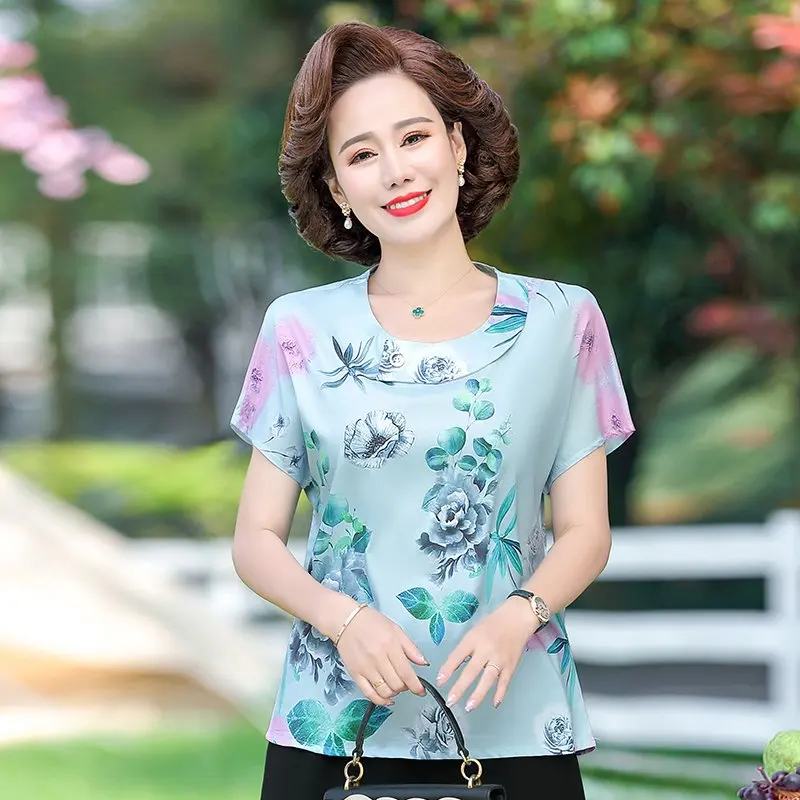 Summer Flower O-Neck T Shirt Middle Age Women Clothes 3XL 4XL New Casual Loose Soft Mother Short Sleeve Top Silk Like Pullover