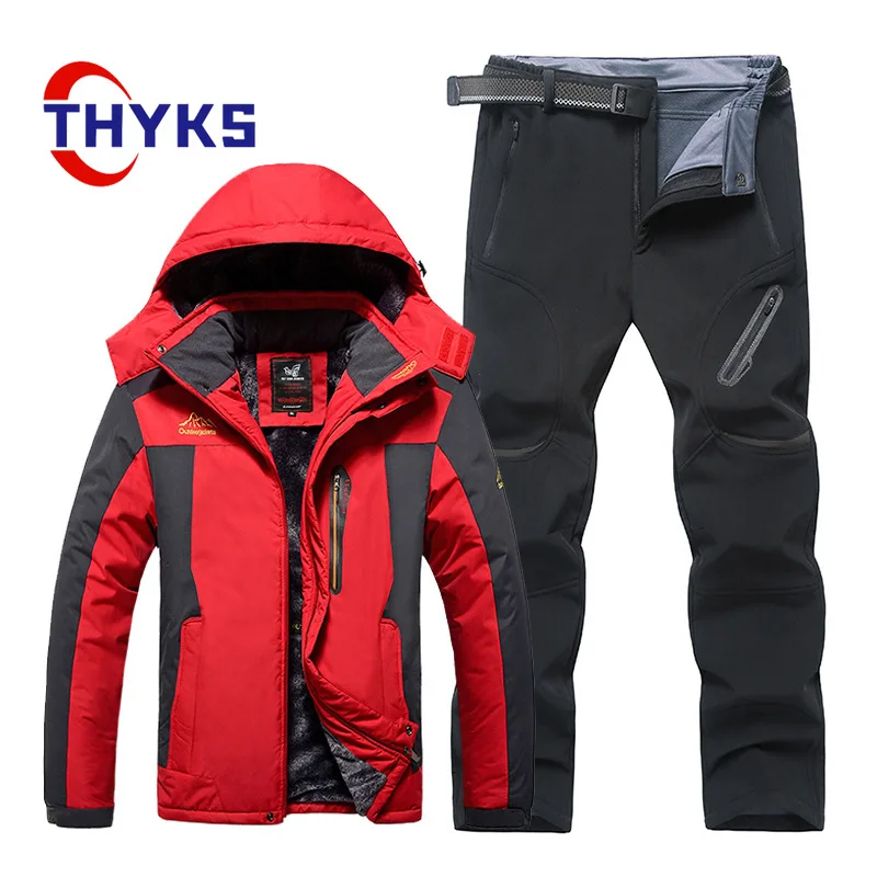 

Outdoor Men's Hiking Sets Hooded PlushThickened Warm Oversized Couple Ski Suits Panel Contrast Mountaineering Coats Pants L~9XL