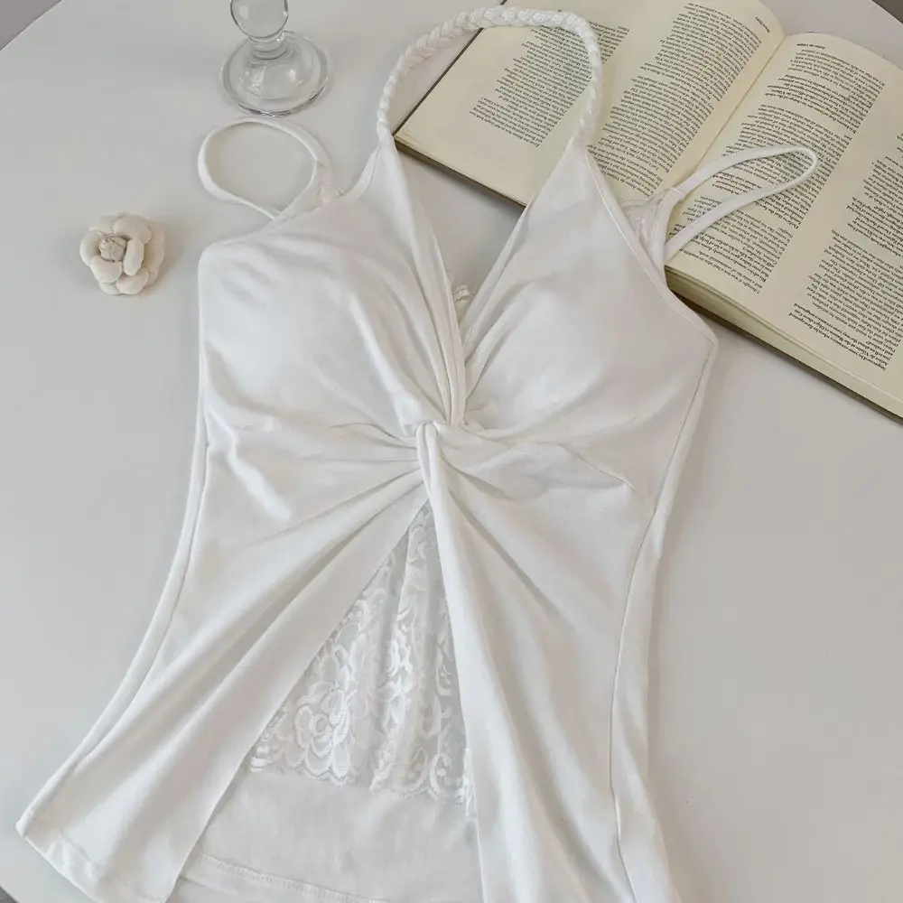 

V Neck Lace Patchwork Vest Sleeveless Twist Design Backless Tank Top Solid Color Summer Fabric Spaghetti Straps Top