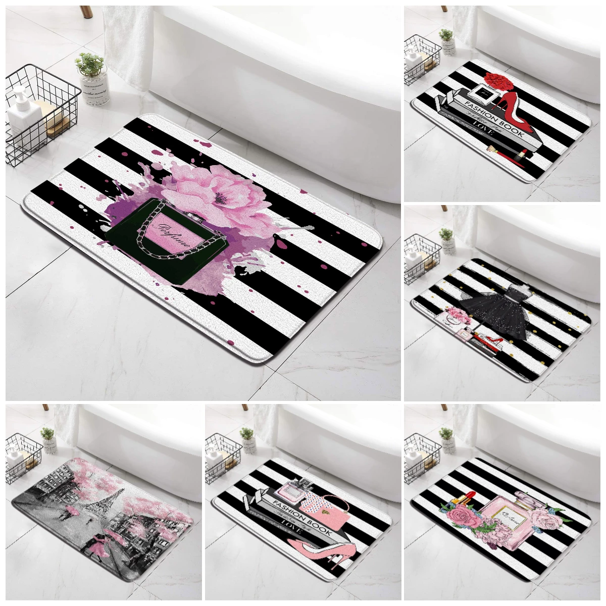 

Floral Perfume Bath Mats Fashion High Heel Magazine Paris Tower Black White Striped Doormat Rug Home Bathroom Decor Floor Carpet