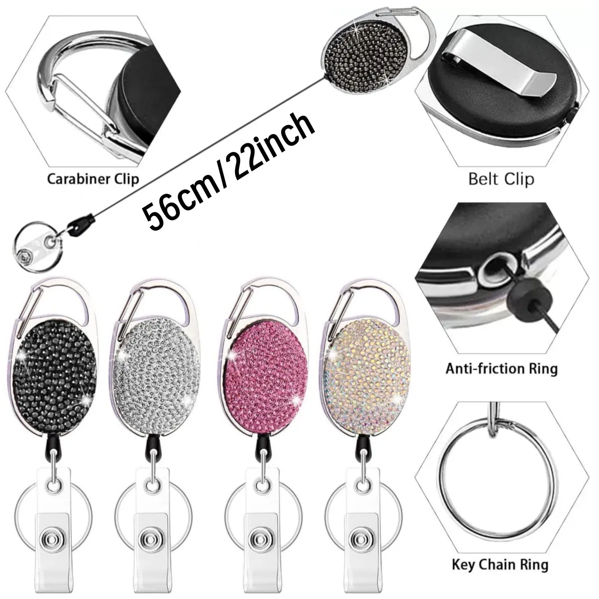 1/2pcs Sparkle Retractable Crystal ID Name BadgeHolderBling Work Card Badge Reel,Fashion  Rhinestone Badge Car Bag Keychain