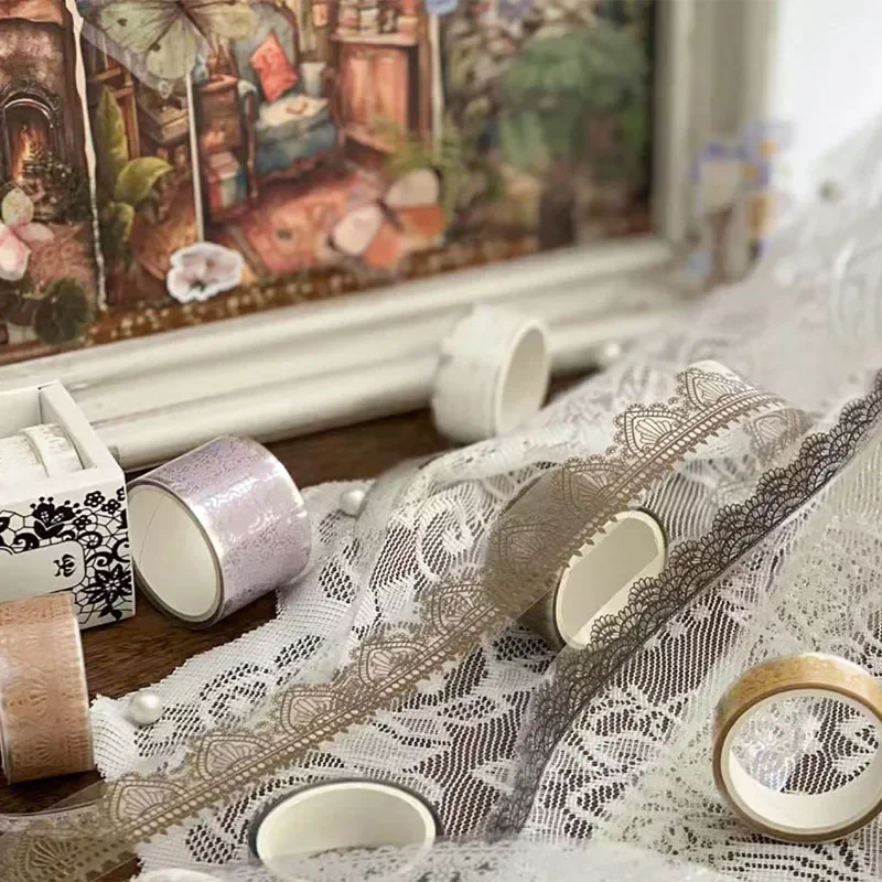 6 Rolls Retro Lace PET Washi Tape Diary Decoration Washitape Adhesiva Decorativa Scrapbooking Supplies Masking Tape view 6