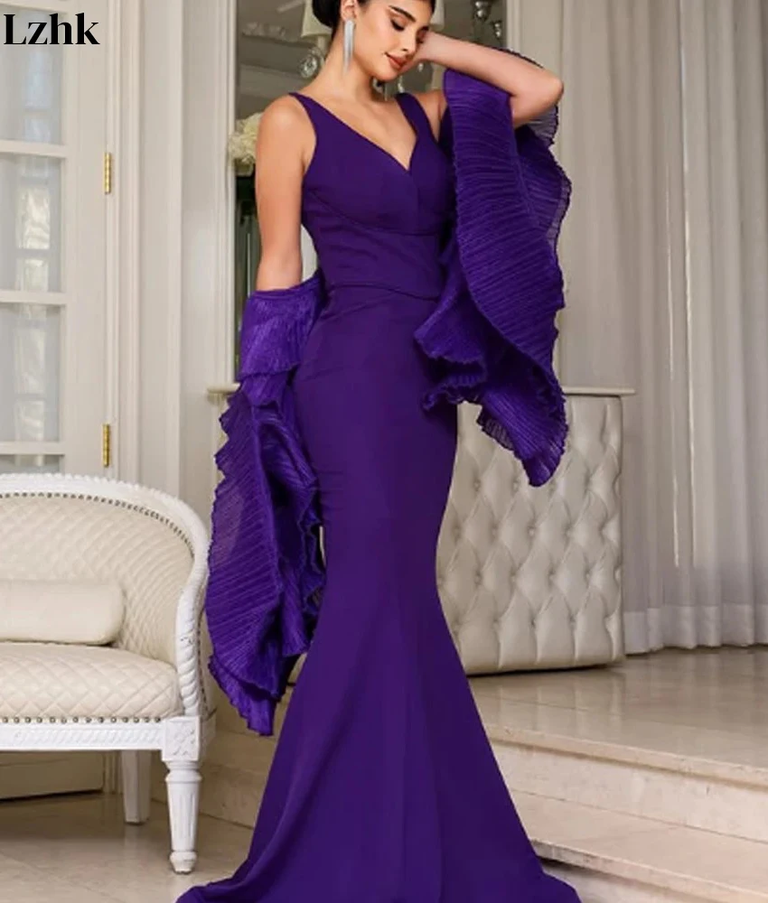 맞춤형 우아한 저지 머메이드 숄 러플 이브닝 드레스 섬세한 V넥 민소매 롱 드레스 맞춤 사이즈