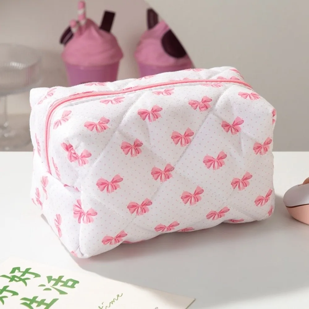 Portable Bow Quilted Makeup Bag Multifunctional Large Capacity Wash Bag Coin Purse Women Girls Gift