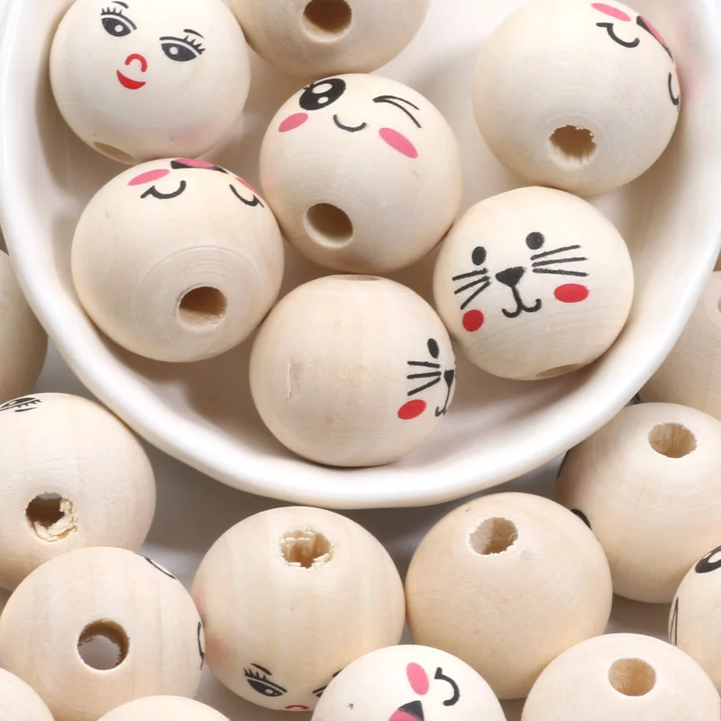 20mm 10pcs Natural Color Round Wood Beads Cute Cat Smile Face Beads For Jewelry Making Diy Needlework Craft Accessories Supplies