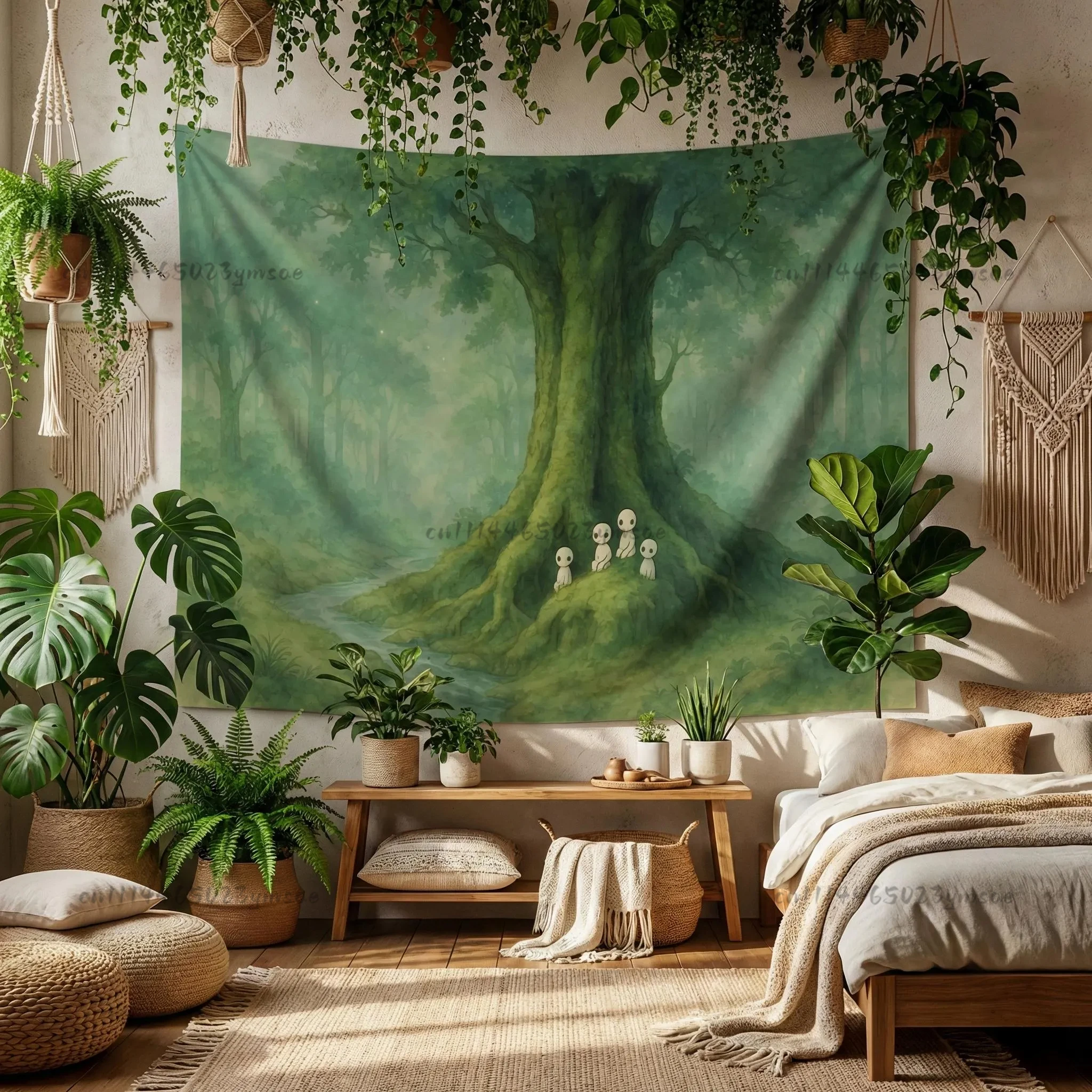 Mystic Forest Spirit Wandteppich, Studio Ghibli inspirierte Kunst, Zen-Natur, Hippie, Bohemian Wandteppich, Mandala, Heimdekoration, Flaggenbanner