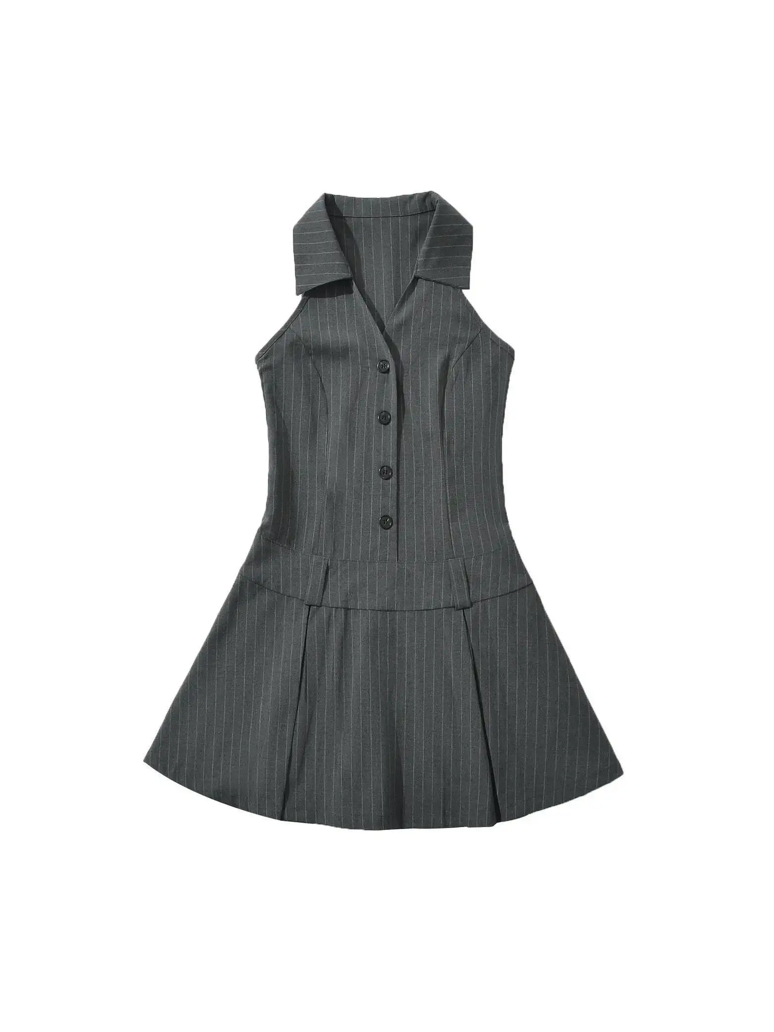 فستان بياقة رمادية معلقة على الرقبة، فستان نسائي صيفي قصير على طراز الكلية بخصر مطوي، ملابس علوية نسائية حلوة أنيقة Y25N