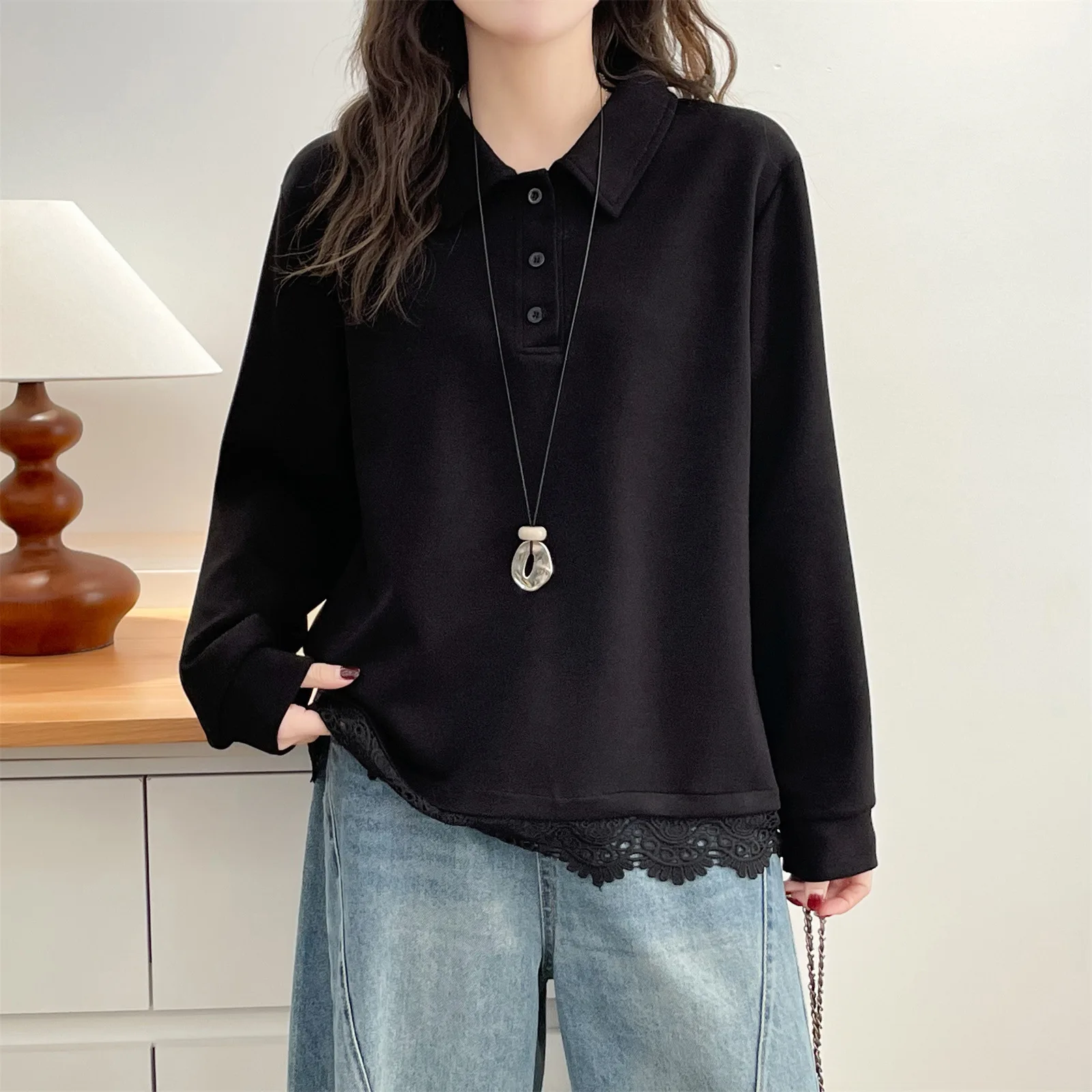 

2026 Spring Plus Size Women Long Sleeve Polo Collar Base Sweatshirt Lace Hem Casual Simple T-Shirt Top 2602
