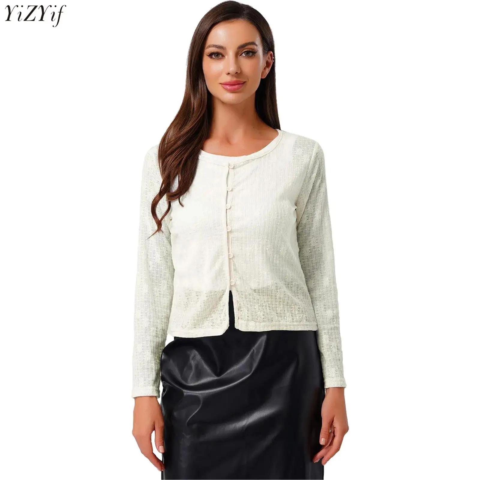 

Womens Cardigan Exquisite Jacquard Long Sleeve Crew Neck Button-up Shrugs Bolero Cover Up Blosue Top for Vacation Beach Shopping