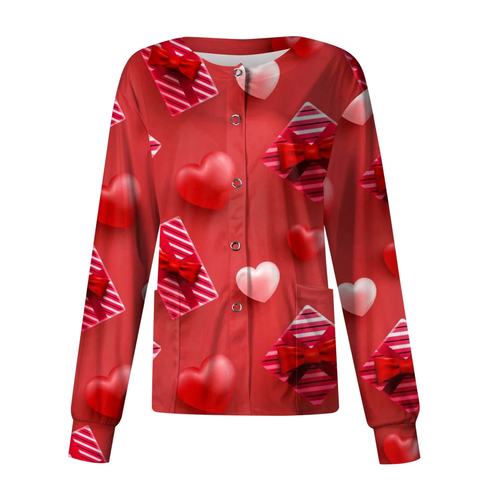 Nurse Working Uniform Vrouwen Lange Mouwen Liefdespatroon Print Pocket Tops Met Ronde Kraag Beschermende Vest Jassen Met Enkele Rij Knopen