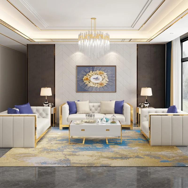 #Luxury PU Leather Sofa Set with High-Level Design Stainless Steel Frame Folding Feature for Villa Living Room Hot Sale