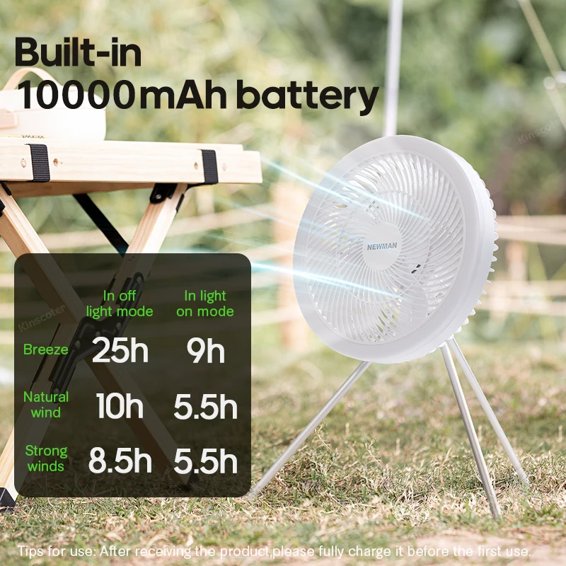 10000mAh Camping Fan Rechargeable Desktop Portable Circulator Wireless Ceiling Electric Fan with Power Bank LED Tripod Remote