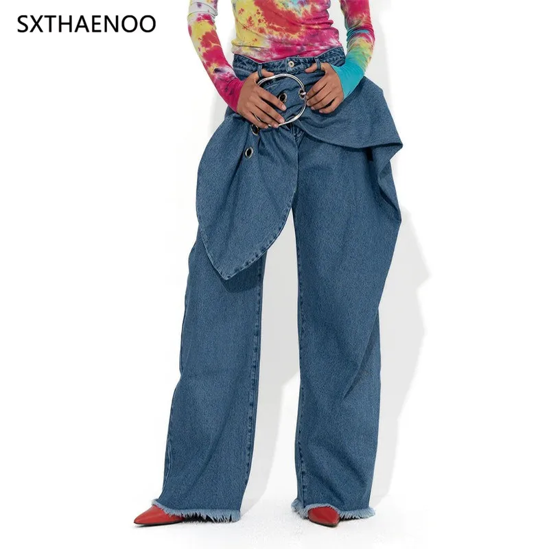 

SXTHAENOO Korean Style High Waist Wide Leg Jeans Casual Fashion Splicing Design Slimming Women's Denim Pants Spring New Arrival
