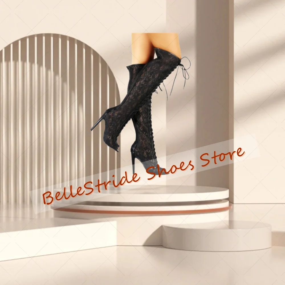 

Black Lace up Back Zipper lace Boots Peep Toe Fashion Women Shoes Thin High Heels Party Banquet Dating 2025 Zapatos Para Mujere