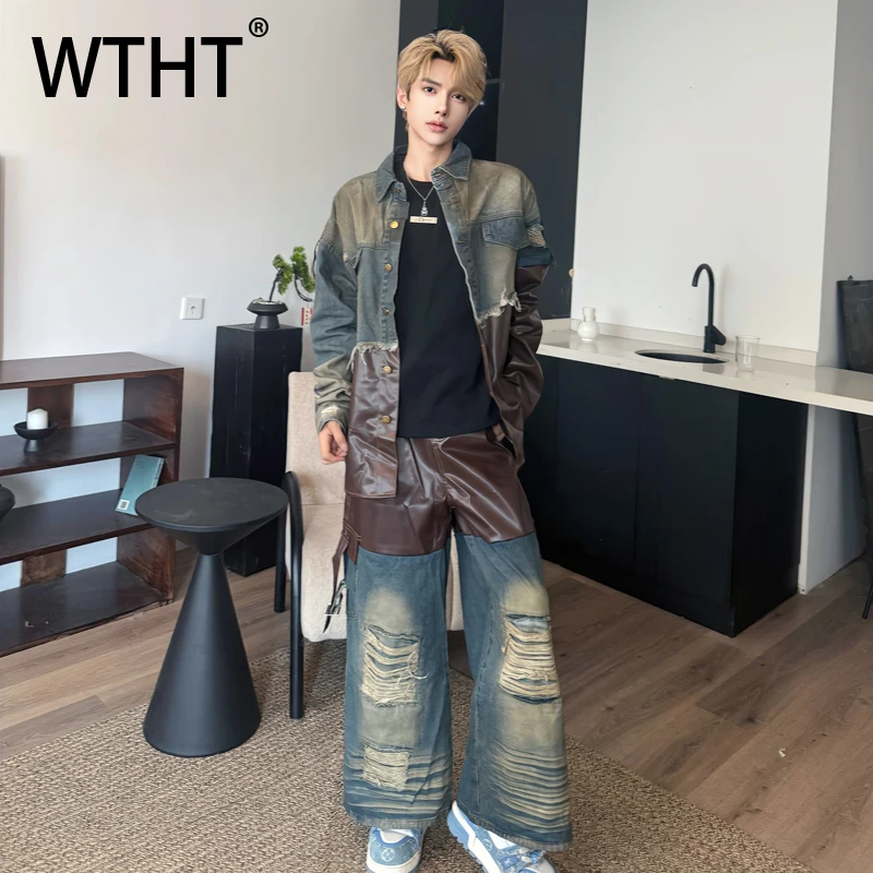 WTHT Fashion Men‘s Suit Lapel Spliced Leather Do Old Denim Coats Hole Burr Edge Straight Jeans Set Male 2025 Autumn 2A2125