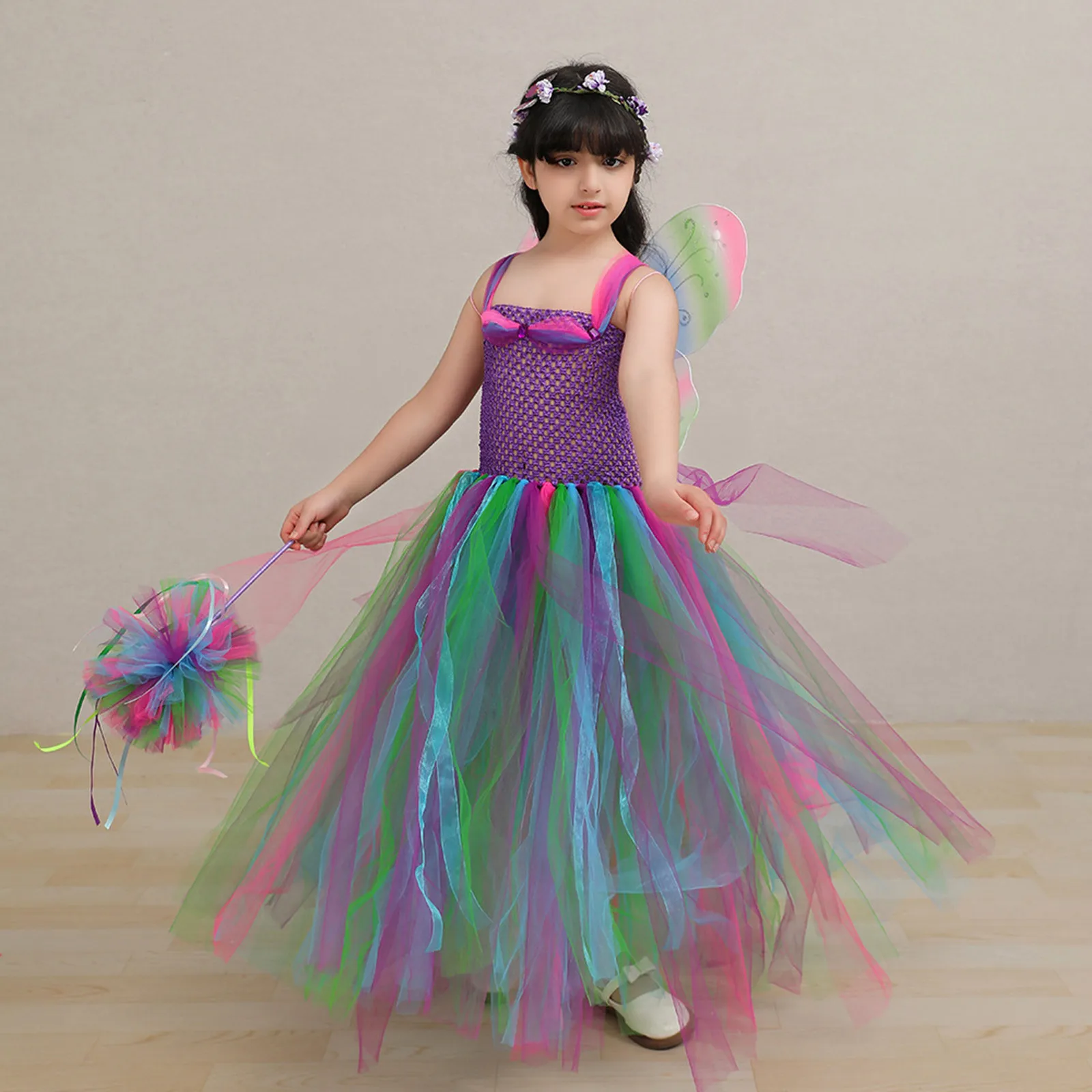 

Bright Rainbow Fairy Princess Costume Set for Girls Dress Up with Tutu Dress and Accessories Fairy Tale Birthday Party Gala Gown