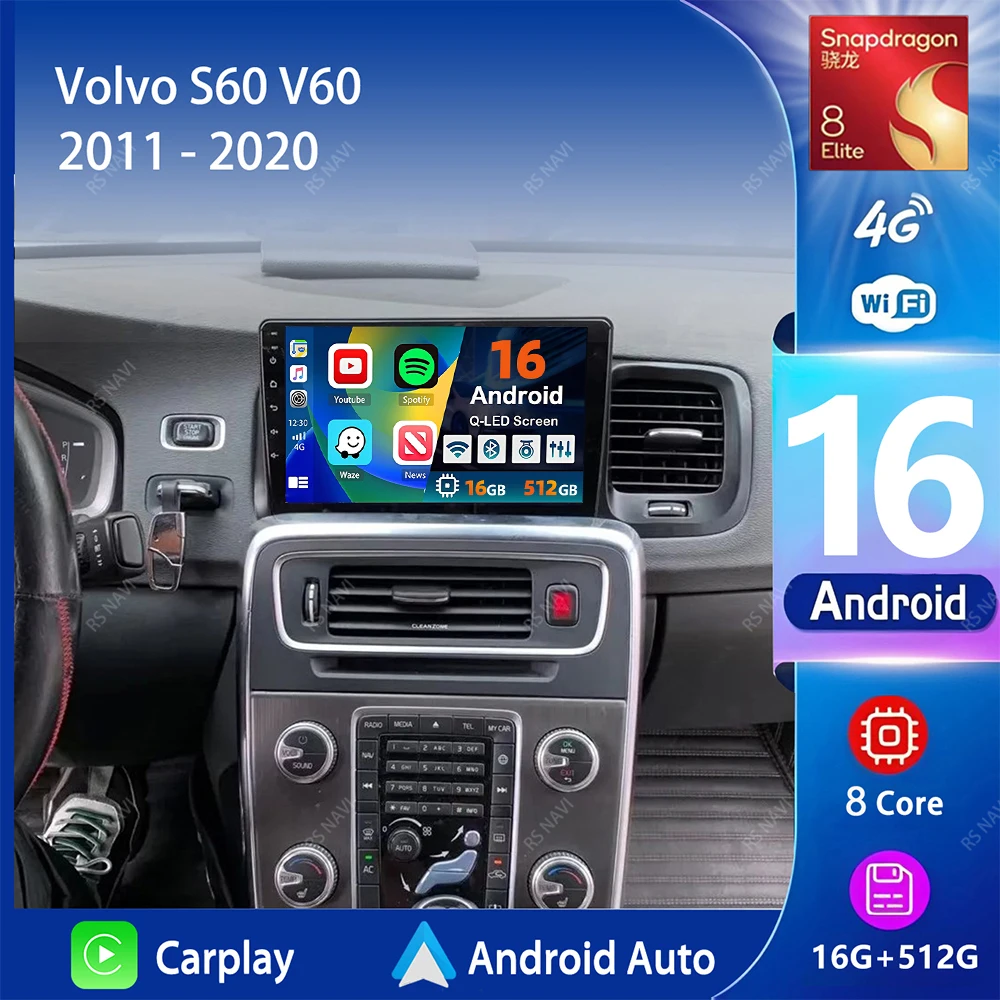 Android 16 Carplay Auto Screen Car Radio Multimedia Player For Volvo S60 V60 2011-2013 2014-2020 2din Autoradio Stereo Head Unit