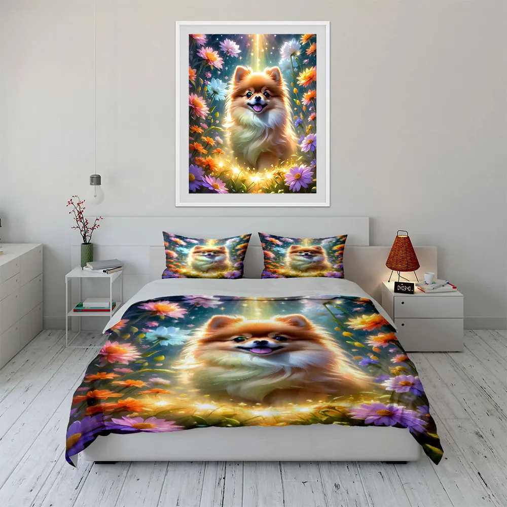 Adorable dog in dreamy flower field Duvet Cover Set with 3D Printing Design Soft Polyester Bedding Set All-Season Comfort